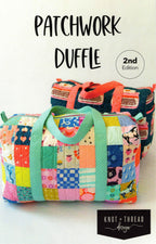 Colorful patchwork duffle bag with 'Knot + Thread Design' branding on a white background.