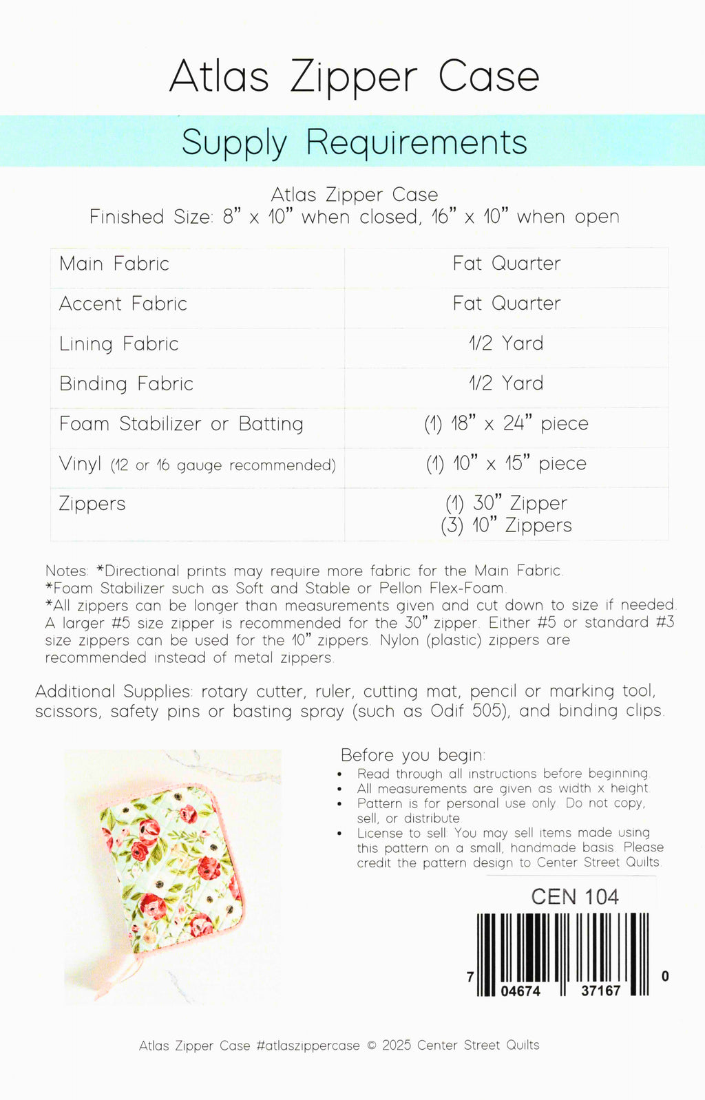 Atlas Zipper Case Pattern