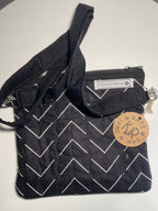Black quilted bag with a zigzag pattern and visible brand label on a white background