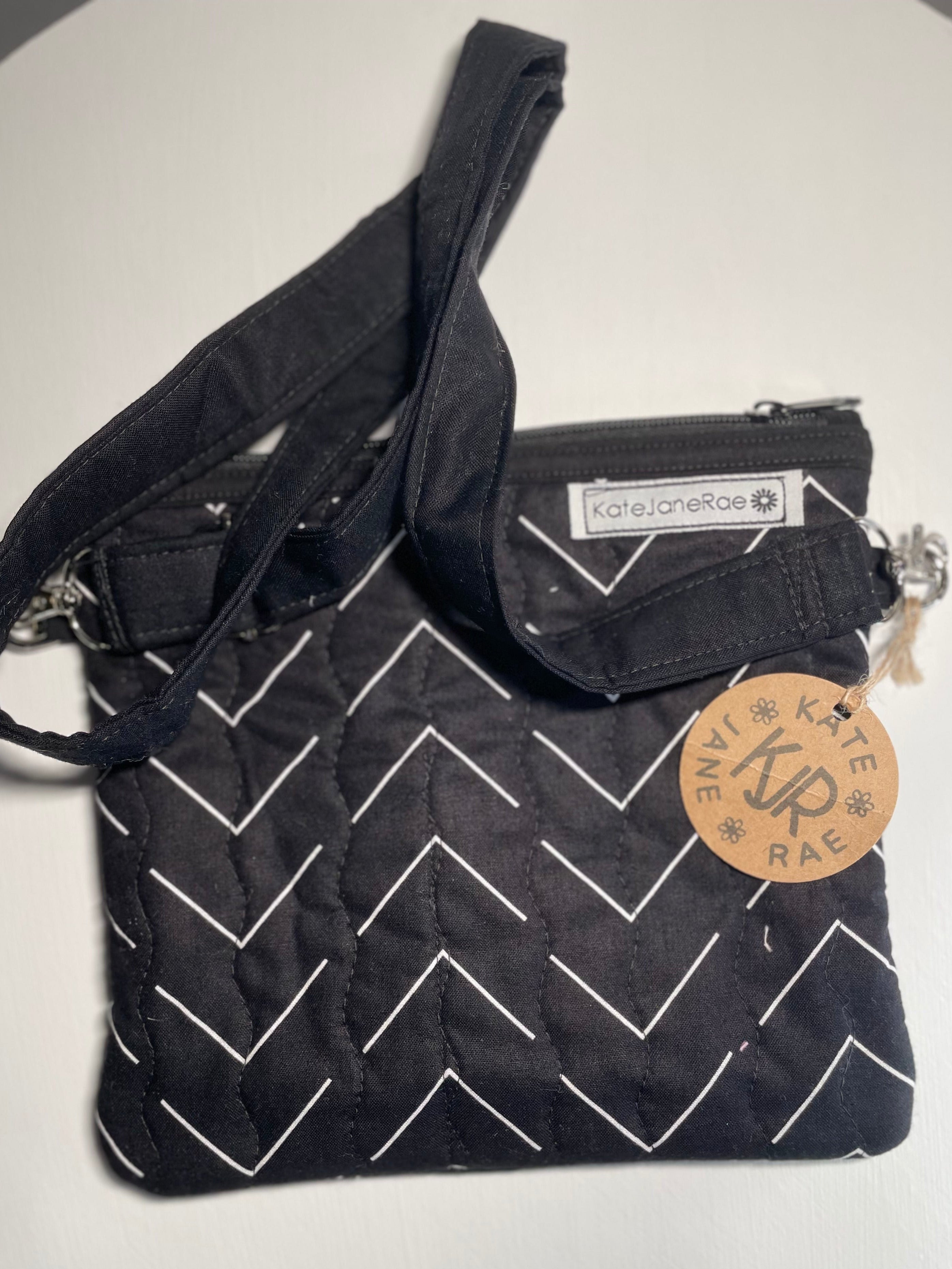 Black quilted bag with a zigzag pattern and visible brand label on a white background
