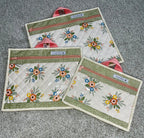 Set of three floral-patterned pouches on a gray surface