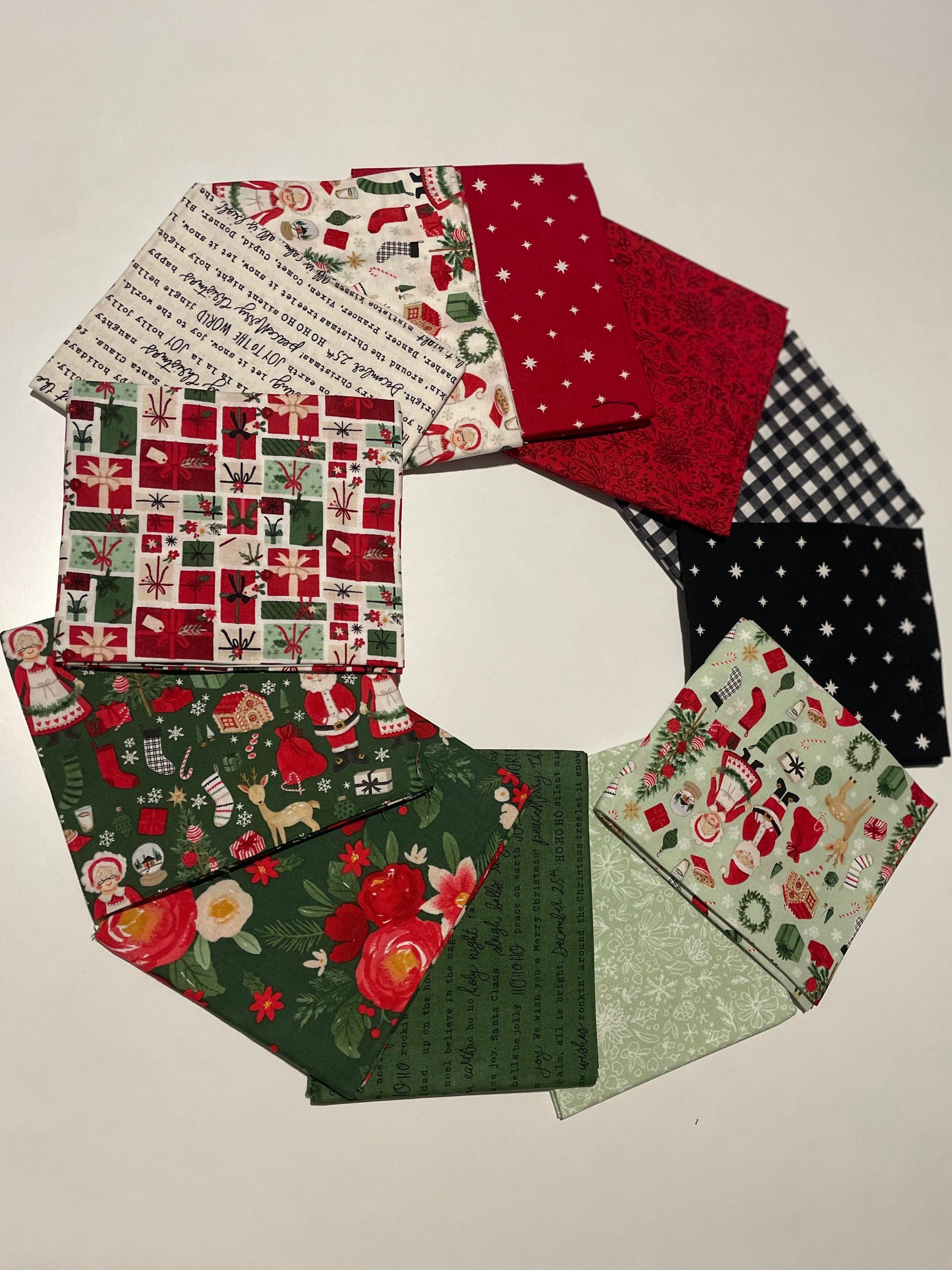 Collection of fabric swatches in various patterns and colors on a neutral background