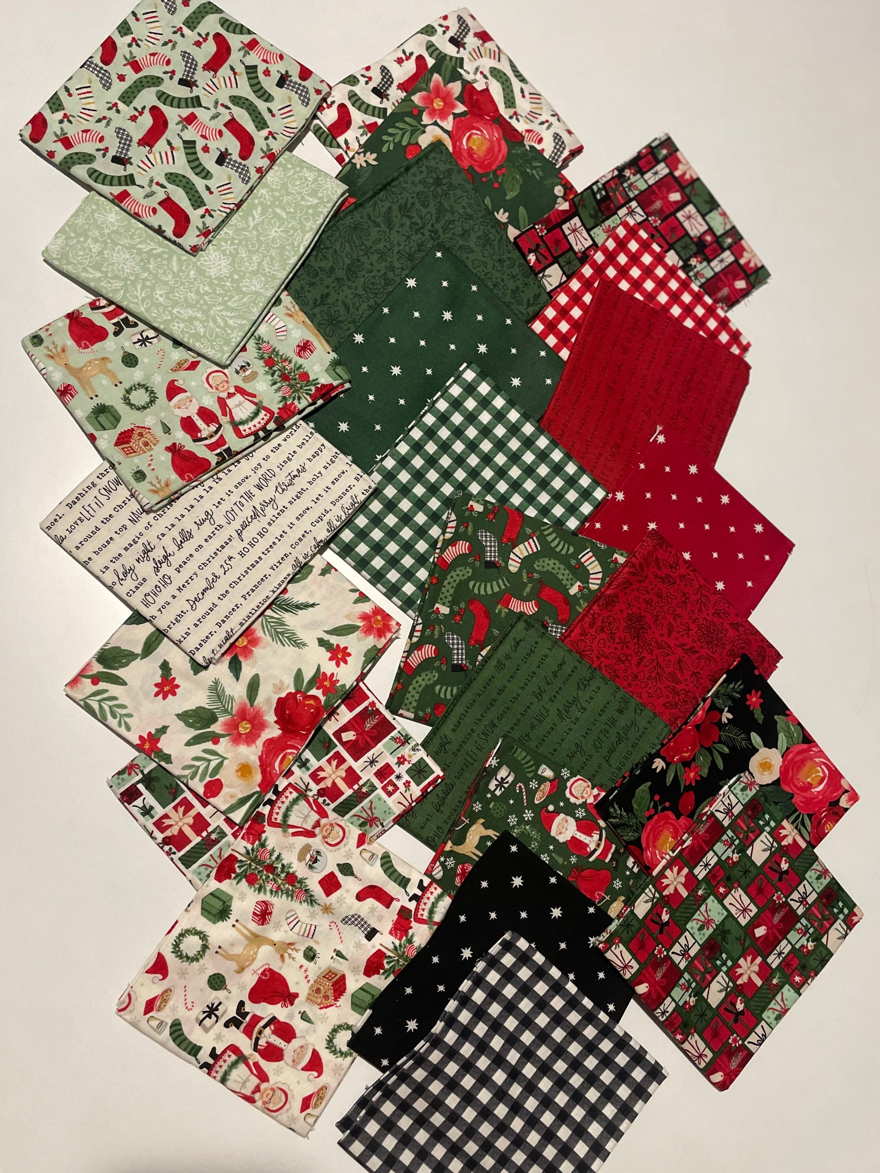 Collection of various fabric squares with different patterns on a beige background