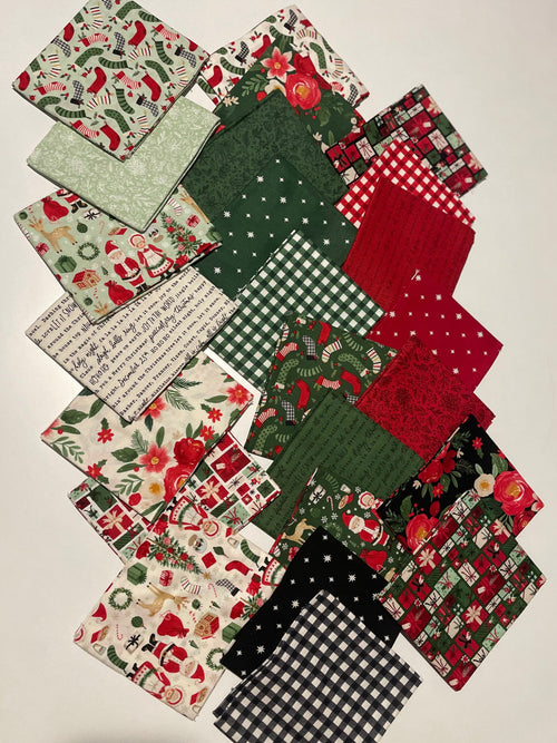 Collection of various fabric squares with different patterns on a beige background