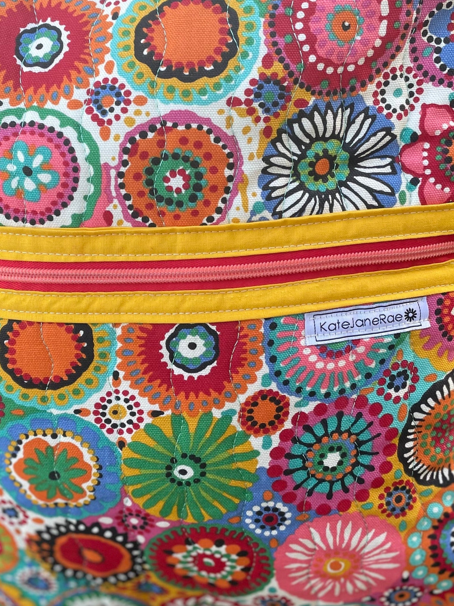 Colorful floral-patterned backpack on grass