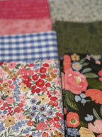 Collection of fabric swatches with various patterns on a white background