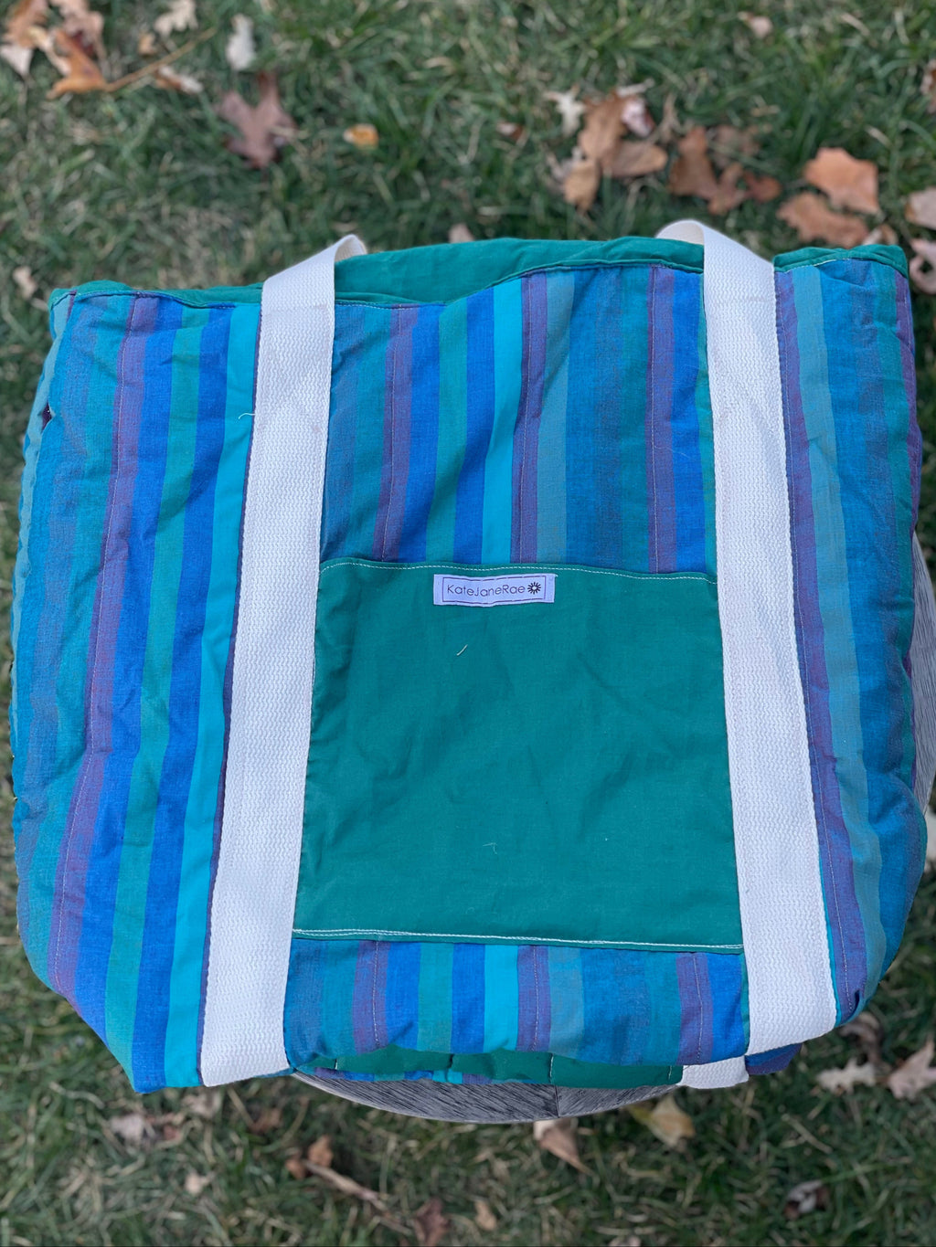 Blue and green striped cooler bag on grass