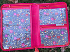 Floral-patterned organizer with pink trim on grass