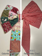 Two fabric swatches showing colorful Christmas pattern on one side and red and white checkered pattern on the other, on a plain background.