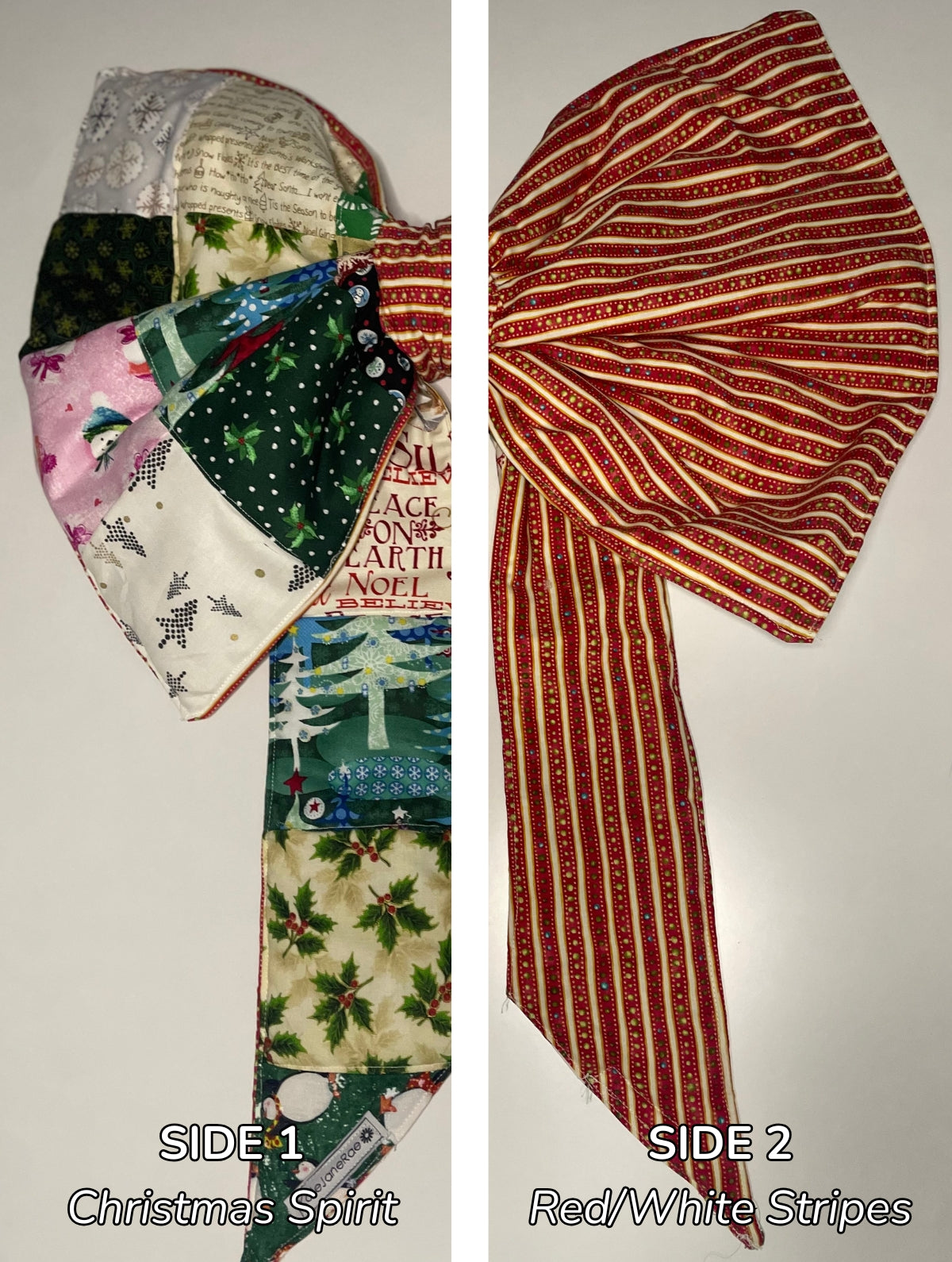 Two fabric swatches showing 'Christmas Spirit' and 'Red/White Stripes' patterns.