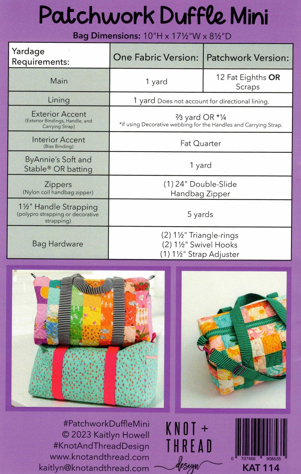 Pattern sheet for a Patchwork Duffle Mini bag with fabric requirements and images of the bag.