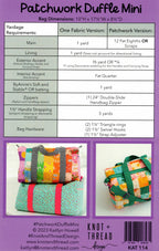 Pattern sheet for a Patchwork Duffle Mini bag with fabric requirements and images of the bag.