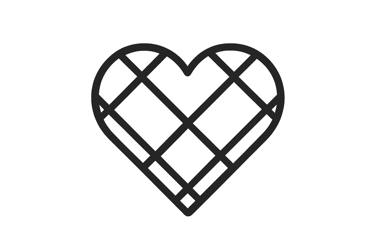 clean black and white basic quilted heart icon with transparent background